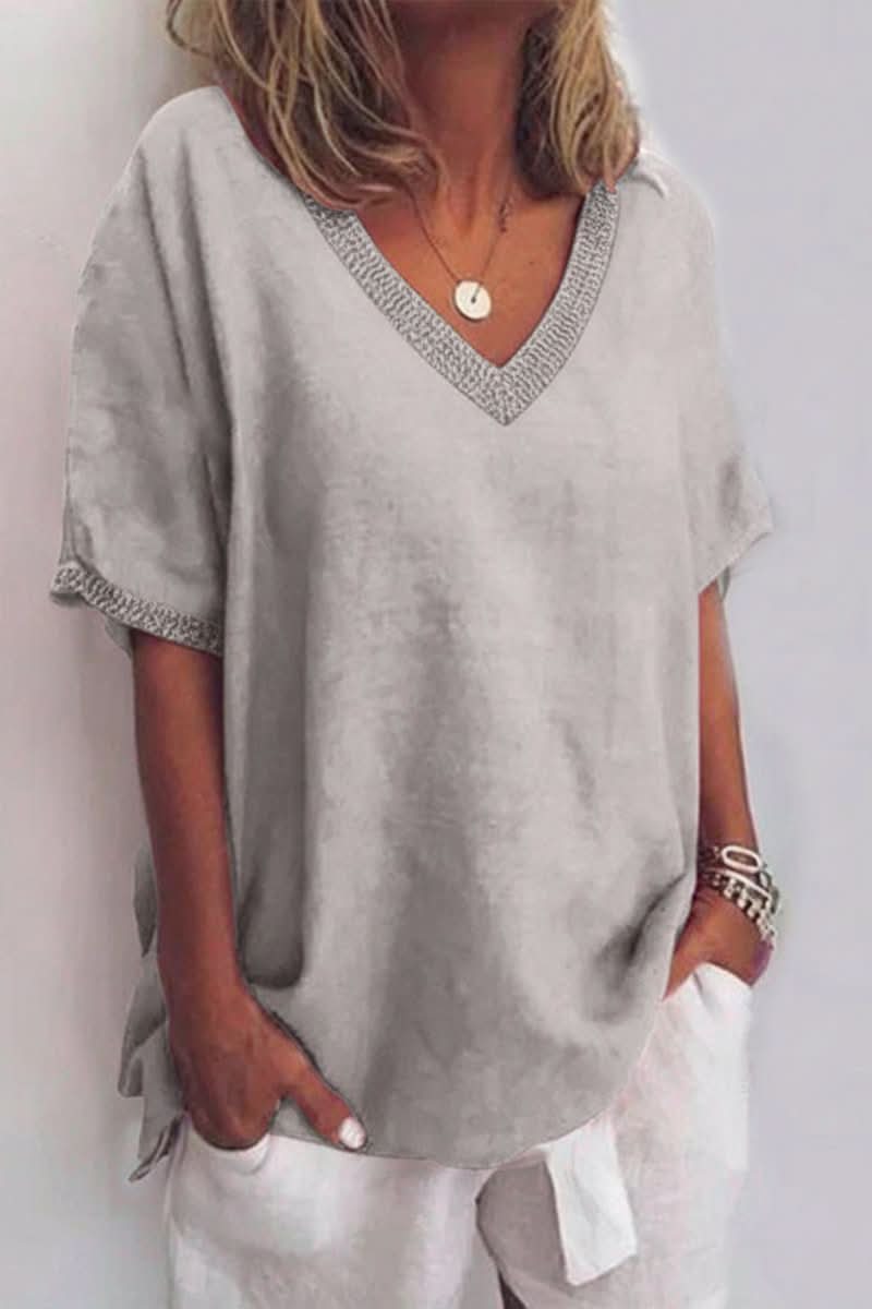 Women's V-neck summer blouse, relaxed fit, versatile & comfortable for daily casual wear.
