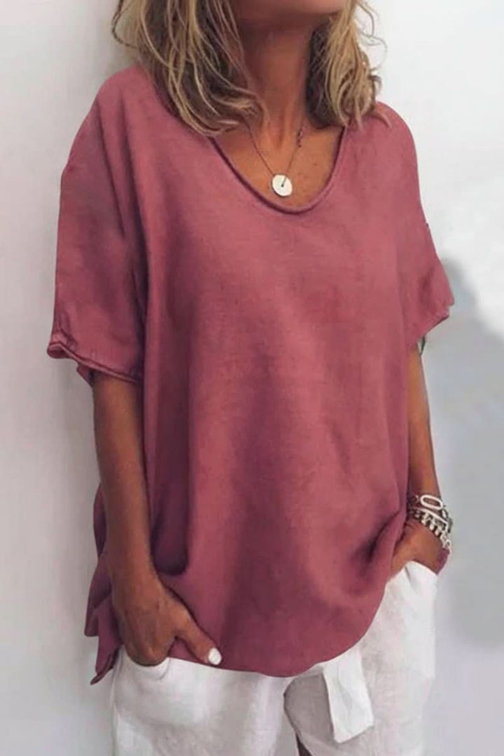 Lightweight women's V-neck blouse, relaxed fit, perfect for airy summer comfort & daily fashion.
