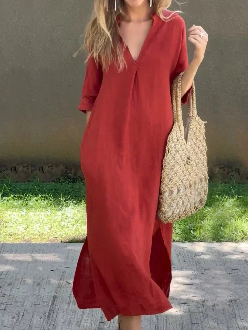 Comfortable women's long V-neck maxi dress with 3/4 sleeves & side slit for everyday style.