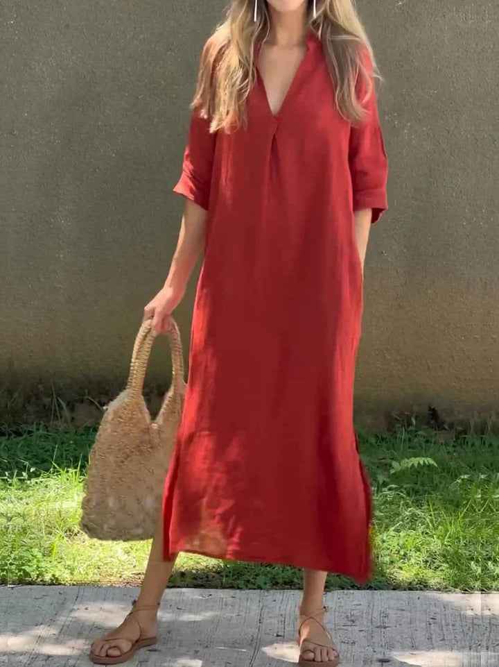 Stylish women's relaxed V-neck maxi dress, ideal for summer, beach, or casual outings.