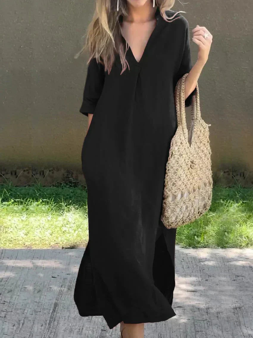 Everyday women's long V-neck maxi dress with 3/4 sleeves, perfect for comfortable summer wear.