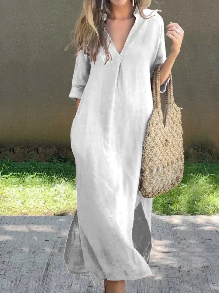 Vacation-ready women's relaxed fit V-neck maxi dress, a comfortable and stylish summer essential.