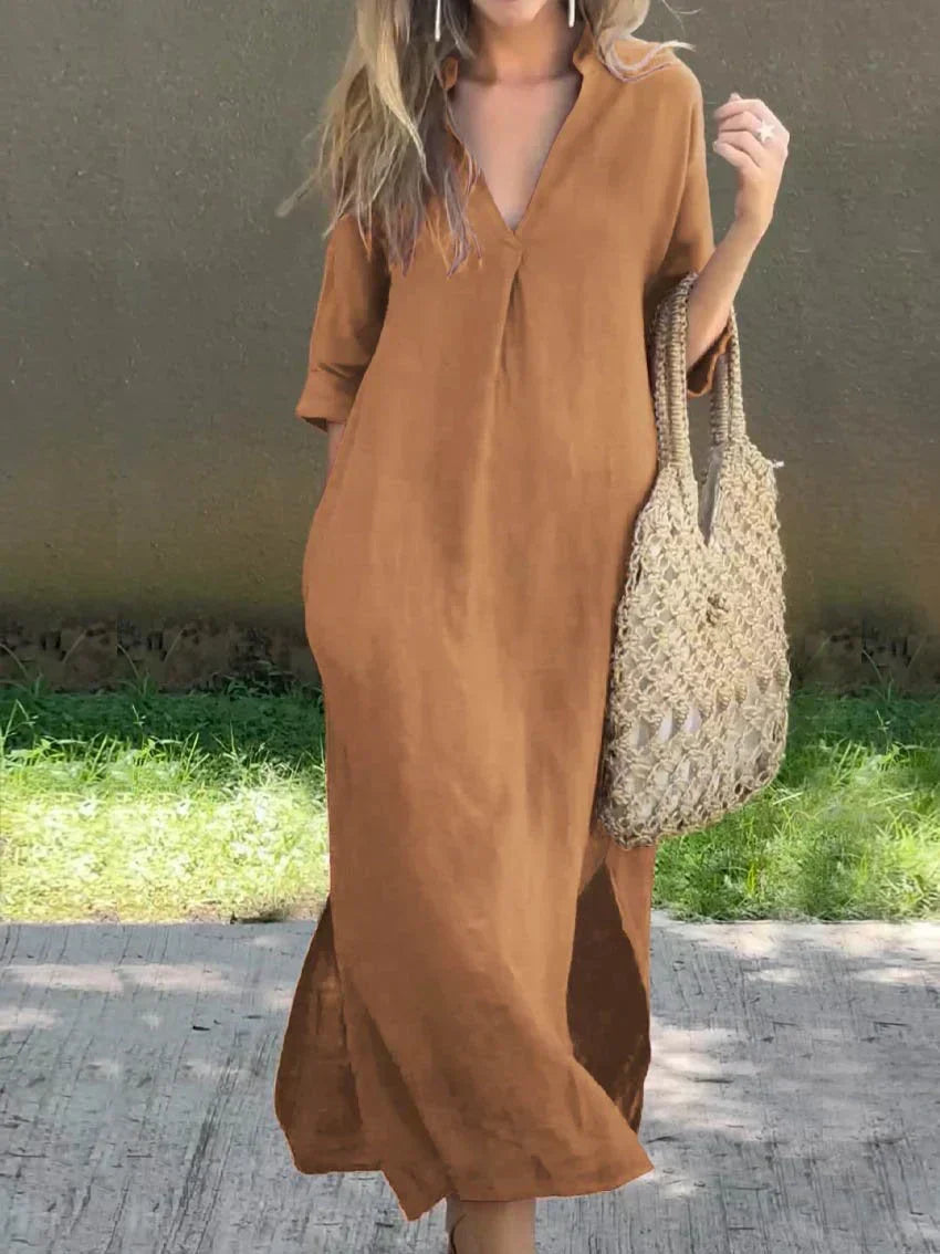 Lightweight women's long V-neck maxi dress, a versatile casual summer dress for all occasions.