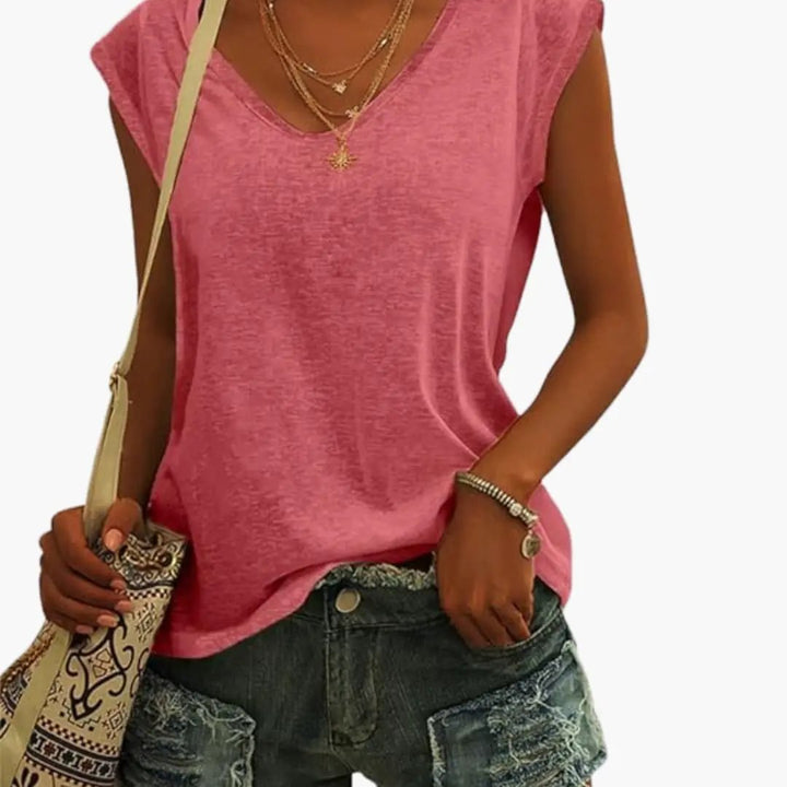 Modern women's relaxed fit sleeveless V-neck top, perfect for a chic summer look & comfortable wear.