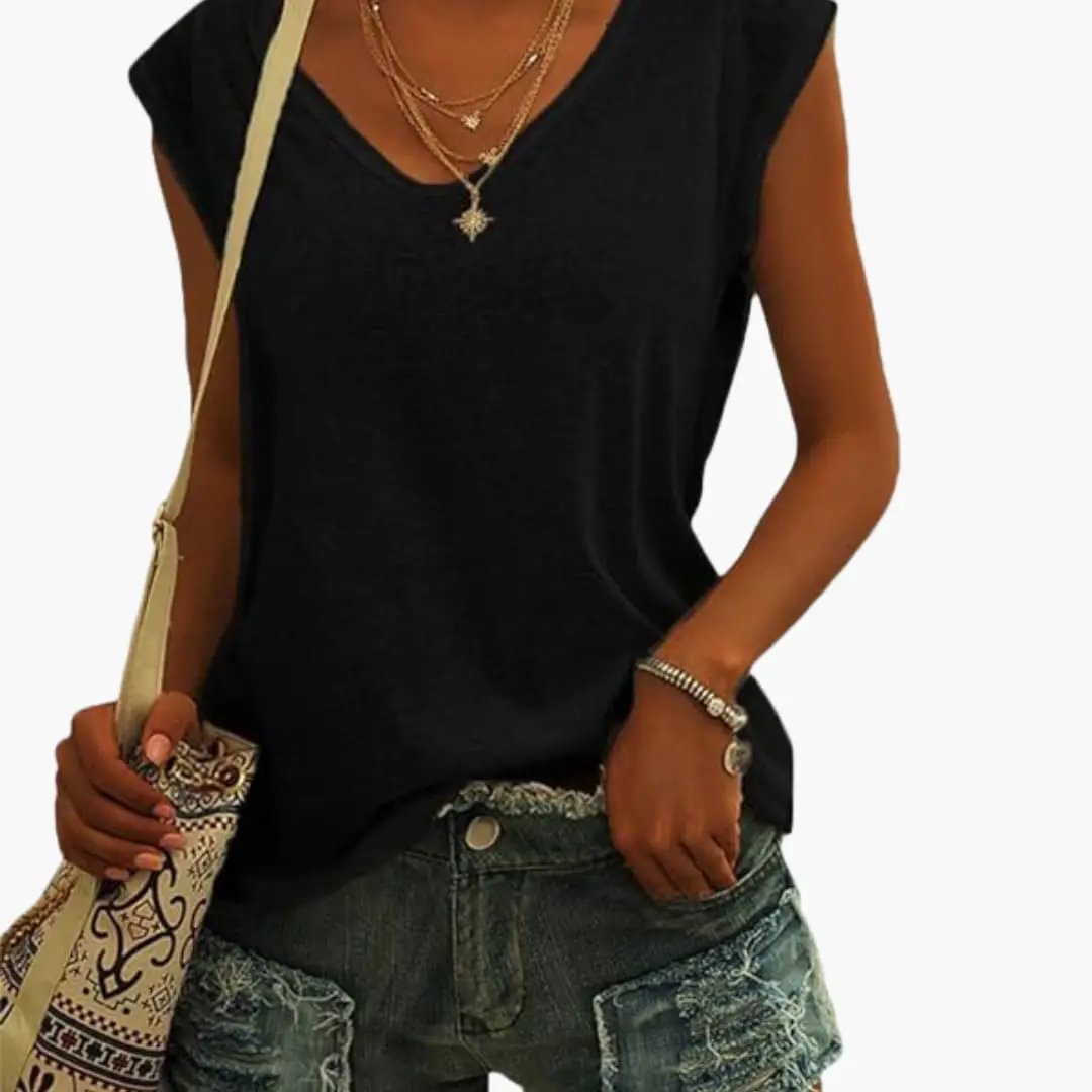 Versatile women's V-neck sleeveless top with a relaxed fit, a comfortable travel essential for any wardrobe.
