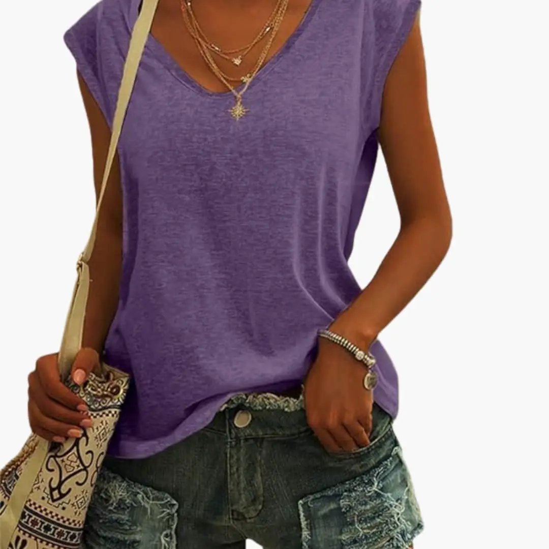Women's relaxed fit V-neck sleeveless top, a perfect blend of comfort and casual elegance.