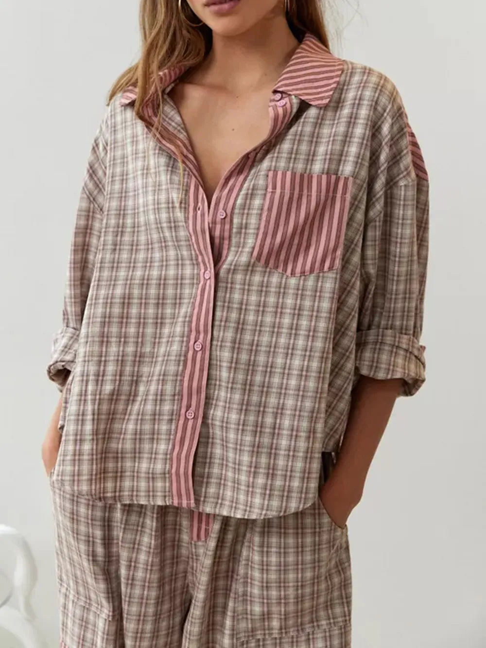 Soft women's two-piece vintage pajama set. Relaxed fit nightwear for cozy comfort and stylish sleep.