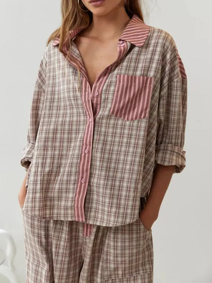 Soft women's two-piece vintage pajama set. Relaxed fit nightwear for cozy comfort and stylish sleep.