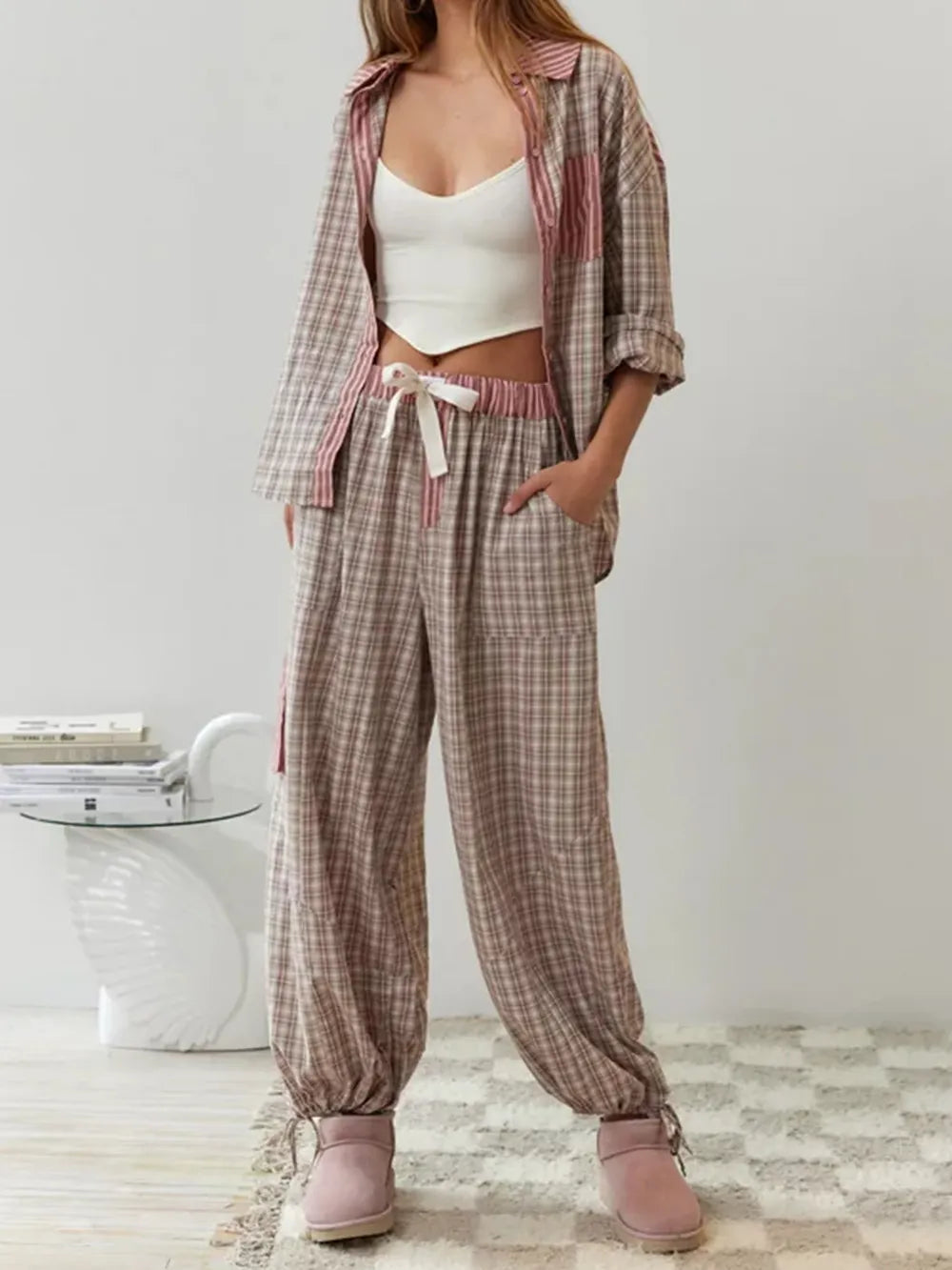 Cozy women's vintage pajama set. Relaxed fit sleepwear, perfect two-piece loungewear for home comfort.