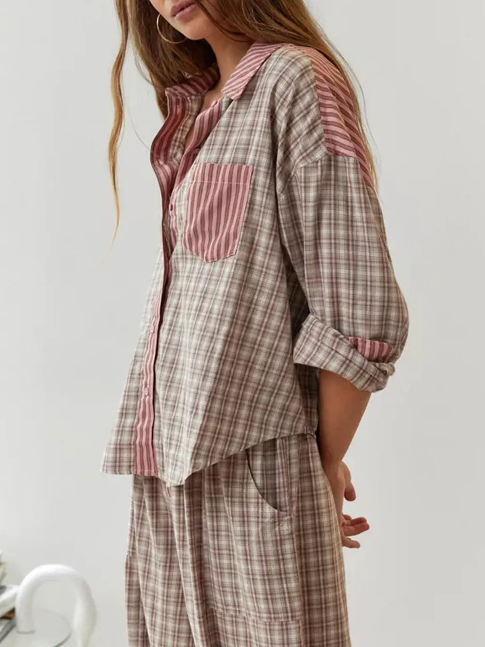 Women's vintage style pajama set. Cozy, relaxed fit two-piece sleepwear for comfortable home loungewear.