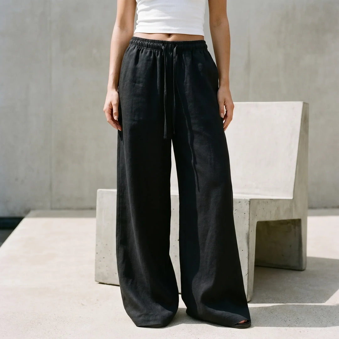 Women's relaxed fit wide-leg casual pants with drawstring waist, perfect for everyday comfort & summer fashion.