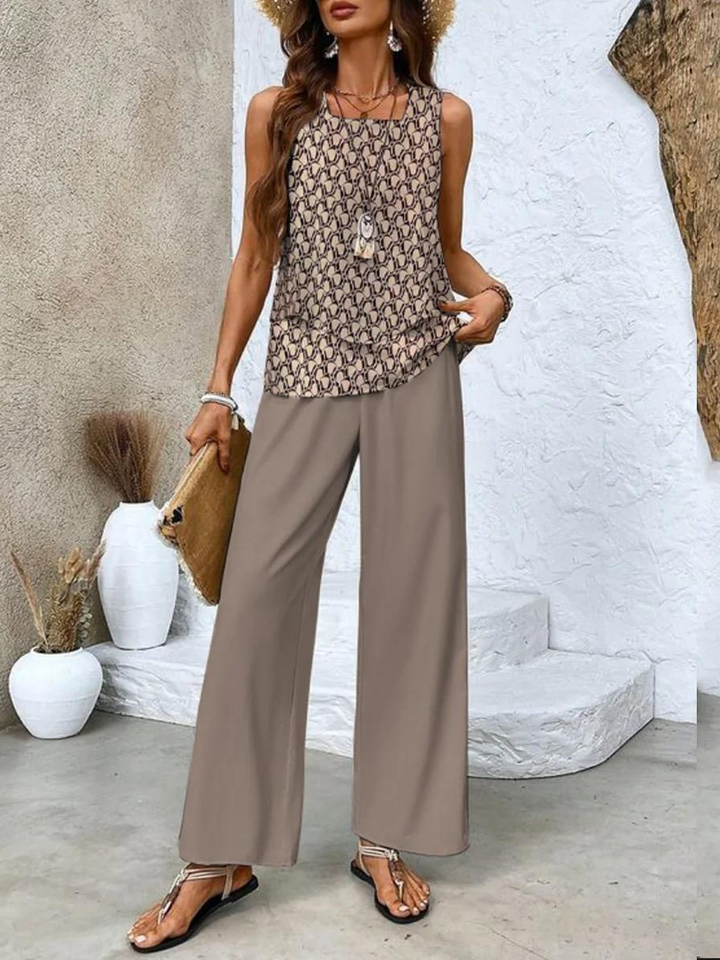 Comfortable two-piece set featuring a relaxed fit tank top and flowy wide-leg pants for women. Versatile casual wear.
