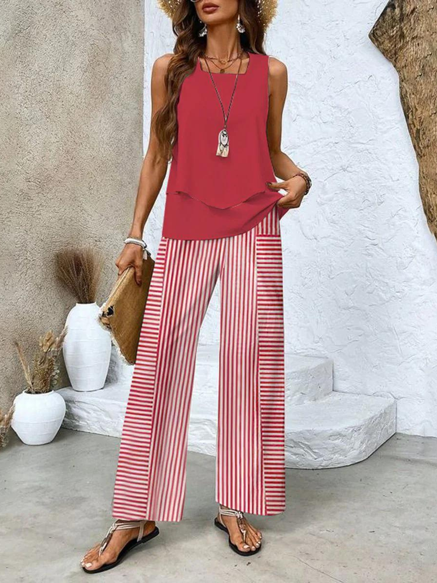 Summer fashion women's matching set: flowy wide-leg pants & a sleeveless tank top. Perfect for everyday casual.