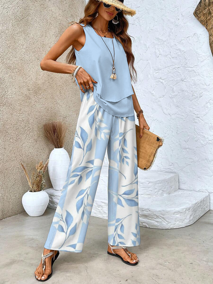 Casual women's flowy pants and tank top matching set. Relaxed fit, wide leg, perfect for comfortable daily outfits.