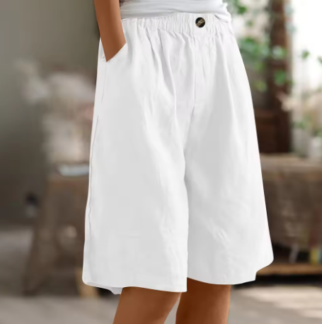 Women's high-rise Bermuda shorts with a relaxed fit, easy pull-on style for casual wear.