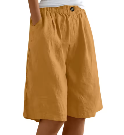 Versatile women's high-waisted Bermuda shorts, relaxed fit for effortless summer casual outfits.