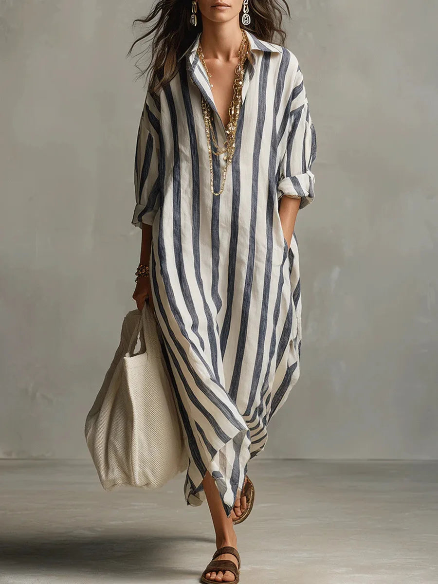 Women's relaxed striped maxi shirt dress with V-neck, perfect for casual summer style and everyday fashion.