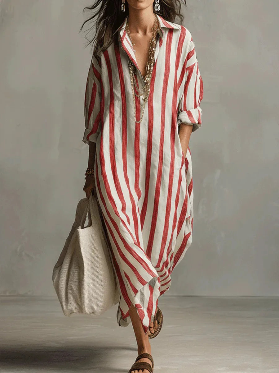 Striped V-neck maxi dress for women, a comfortable shirt dress with a relaxed silhouette and three-quarter sleeves.