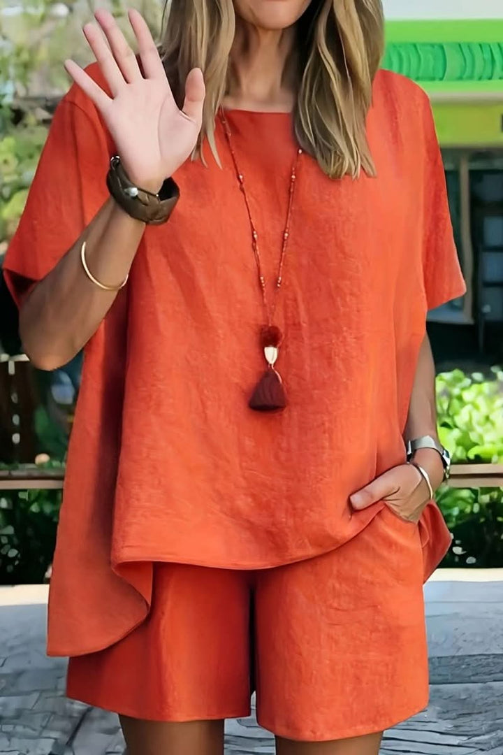 Chic women's two-piece shorts set, a comfortable relaxed fit co-ord for summer leisure.