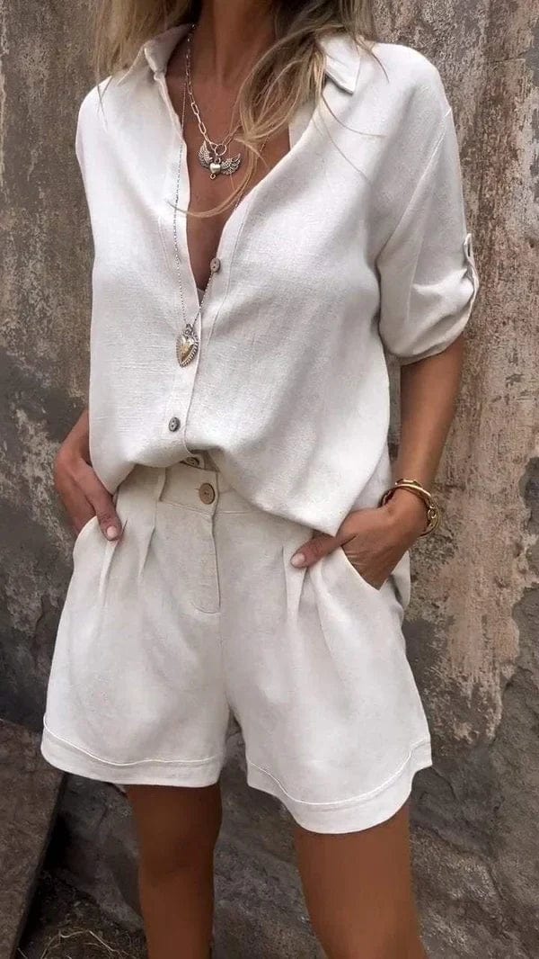 Chic women's shorts set, a two-piece summer outfit for casual wear or vacation, relaxed fit for comfort.