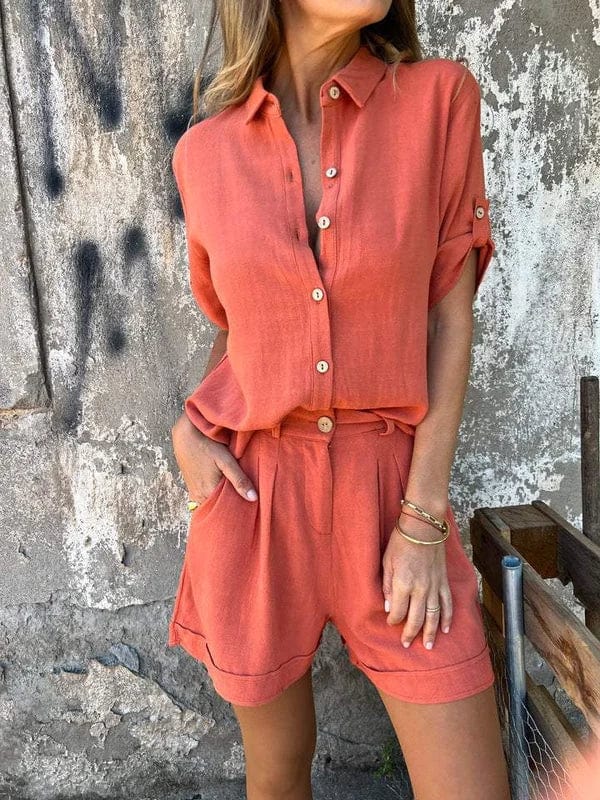 Relaxed fit women's two-piece summer outfit, a stylish shorts set for ultimate comfort and vacation wear.