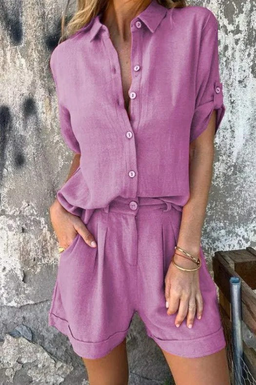 Comfy women's summer shorts & top set, a chic two-piece outfit for relaxed fit casual wear.