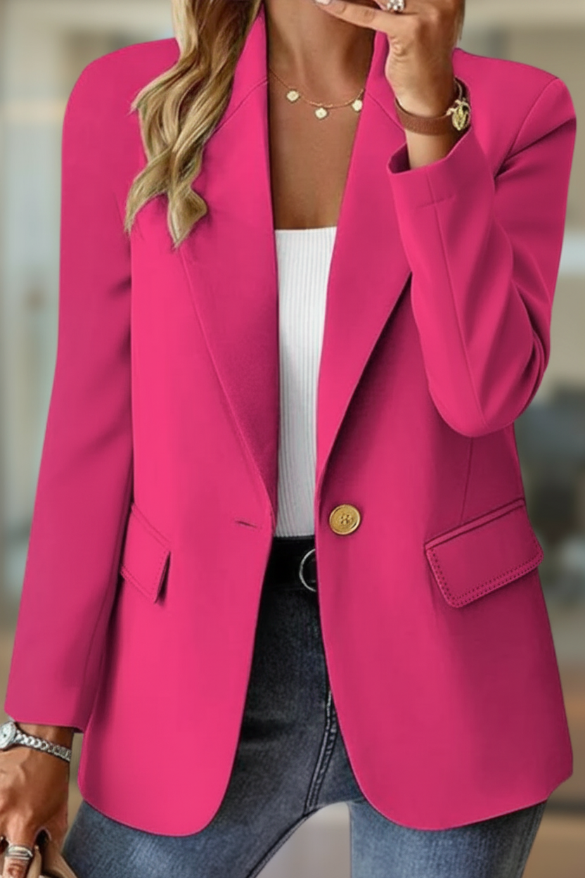 Back view of a women's tailored blazer jacket, showing its relaxed silhouette for modern fashion.