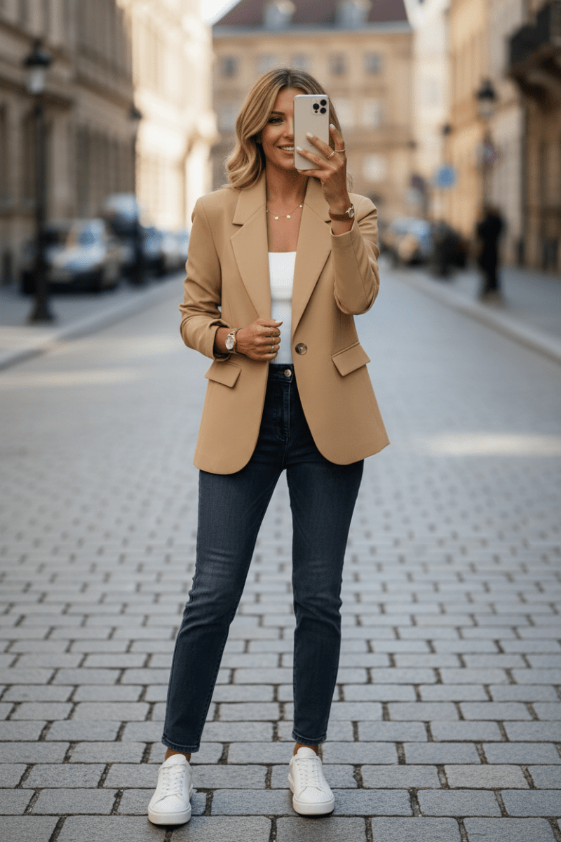 Women's tailored blazer jacket styled casually, showcasing its versatile relaxed fit and modern appeal.