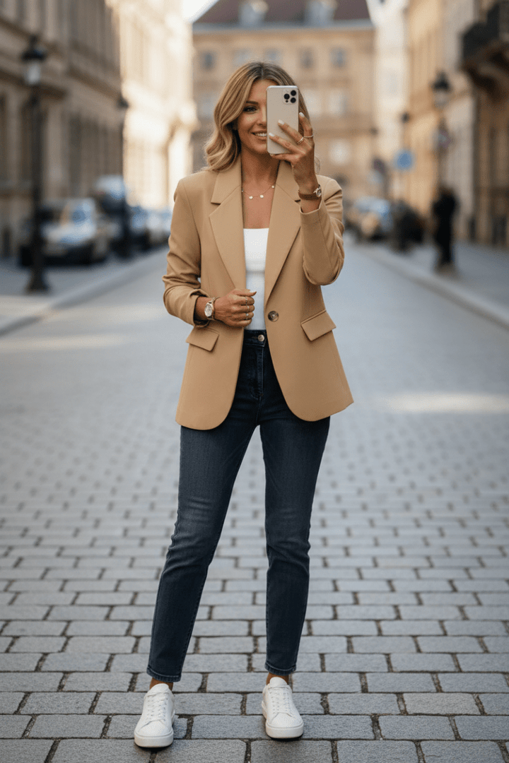 Women's tailored blazer jacket styled casually, showcasing its versatile relaxed fit and modern appeal.