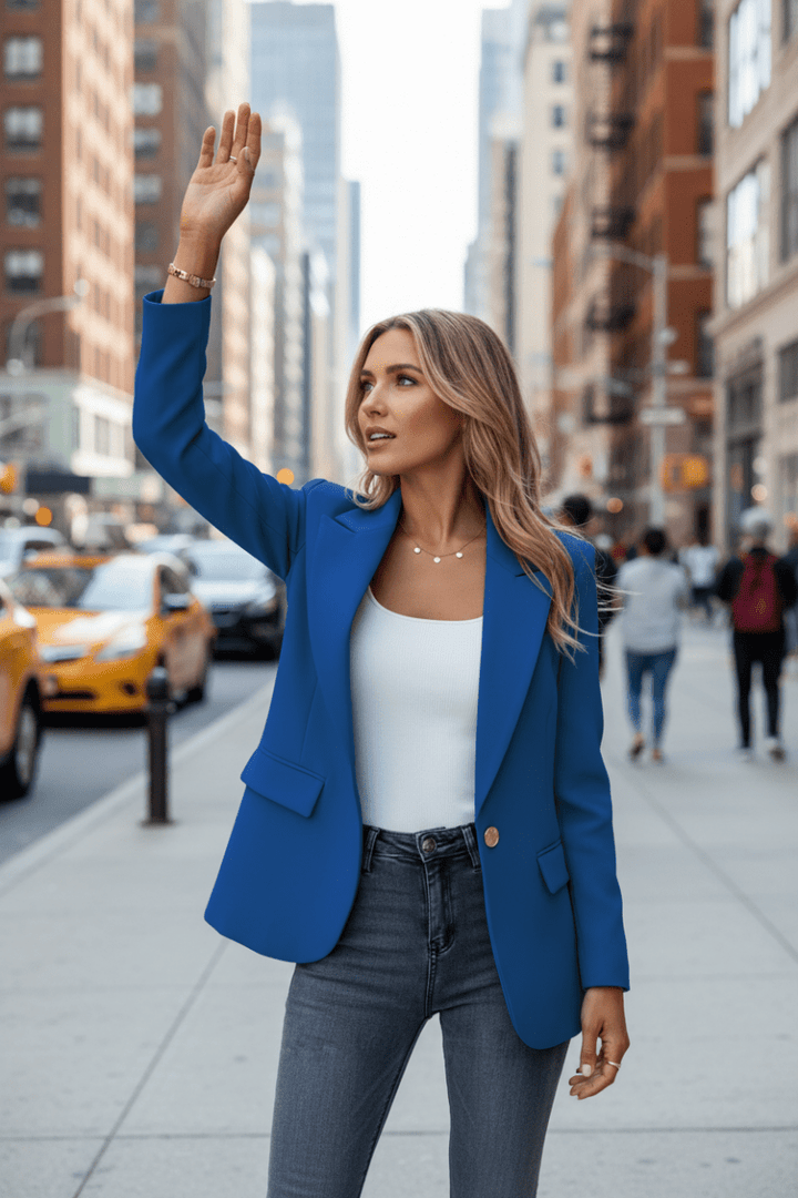 Front view of a women's relaxed fit blazer jacket, a chic outerwear piece for modern women.