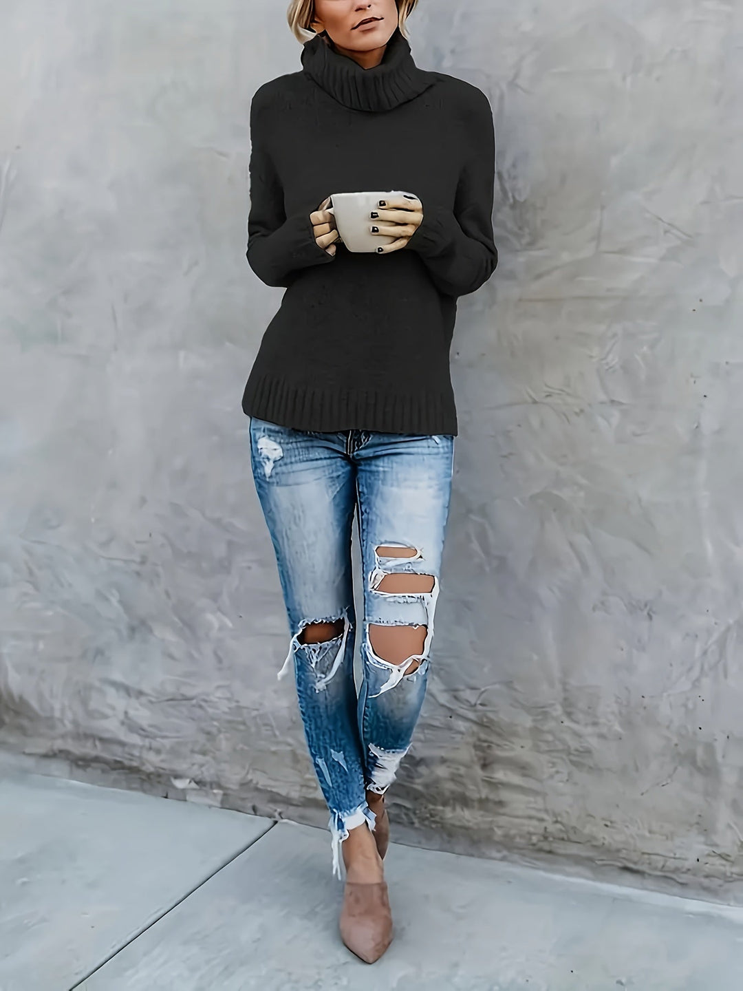 Relaxed fit women's fall sweater: comfortable turtleneck and unique side split hem design.