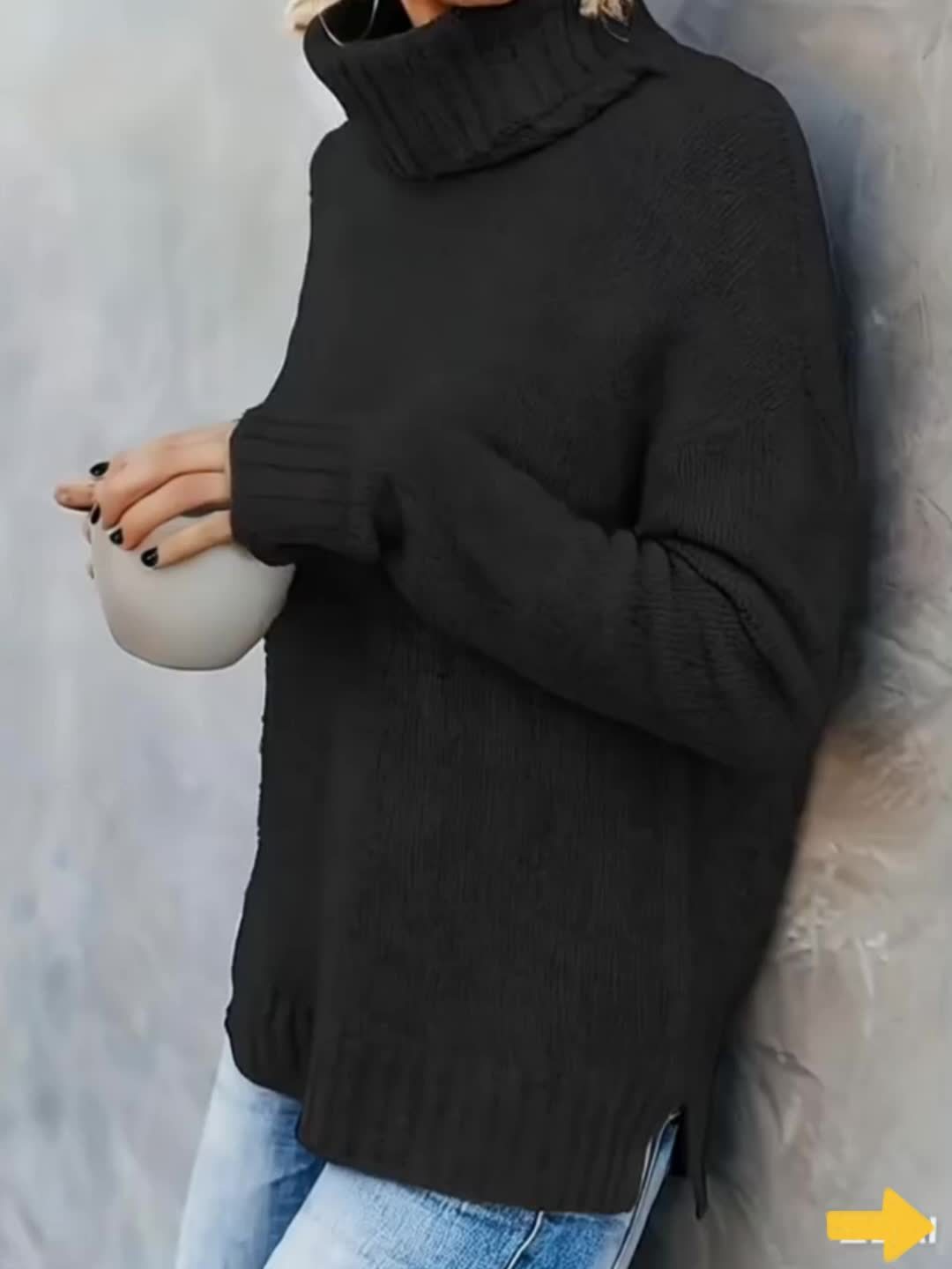 Stylish women's winter fashion: cozy long sleeve turtleneck sweater with an on-trend split hem.
