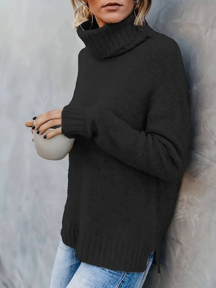 Cozy women's long sleeve relaxed fit turtleneck sweater, ideal for winter everyday comfort.