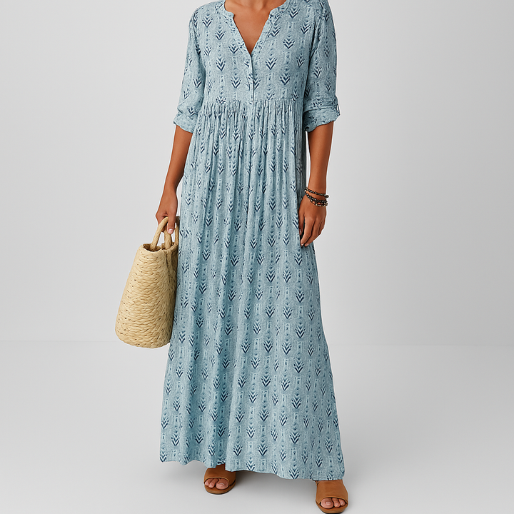 Women's relaxed V-neck boho print maxi dress with flowy design, perfect for summer casual wear.