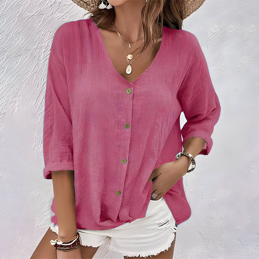 Everyday women's V-neck button blouse, relaxed fit, and roll sleeves for ultimate comfort & casual style.