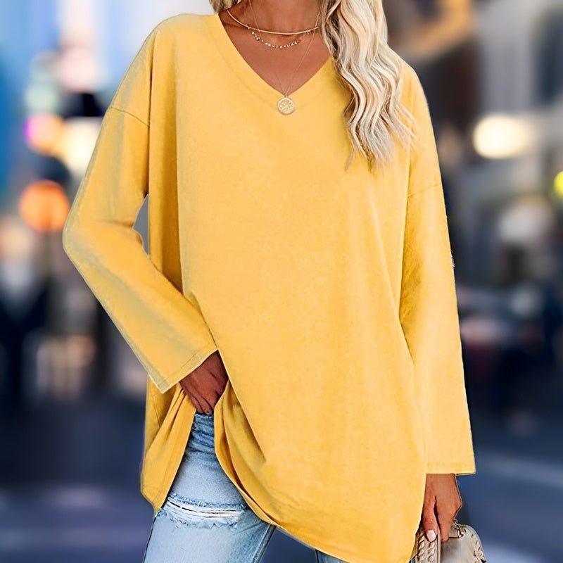 Women's relaxed V-neck comfort shirt. Perfect for everyday casual wear, versatile fall & spring fashion.