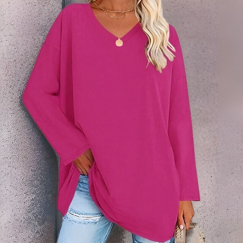 Model wearing a casual long-sleeve V-neck comfort blouse, ideal for everyday women's fall fashion.