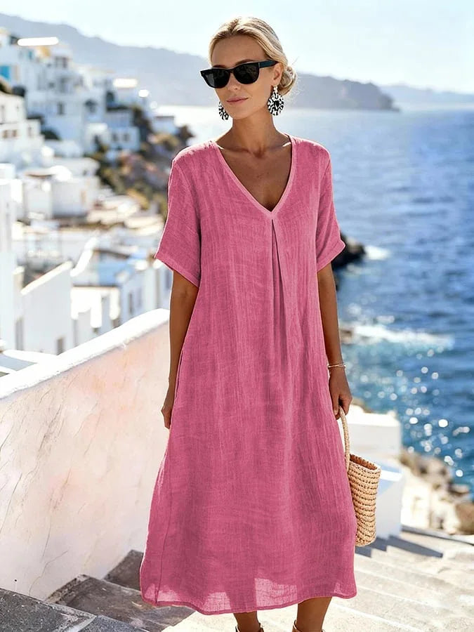 Everyday casual V-neck midi dress for women, short sleeves, relaxed and comfortable for warm weather.