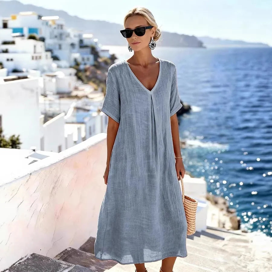 Casual V-neck midi dress for women, short sleeves, great as a beach or vacation cover-up.
