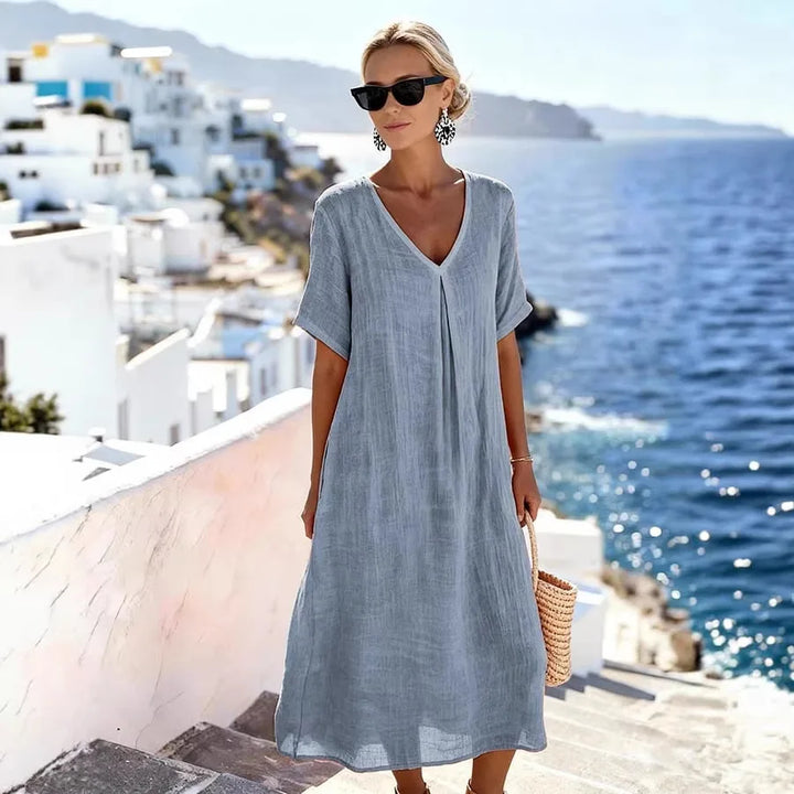 Casual V-neck midi dress for women, short sleeves, great as a beach or vacation cover-up.