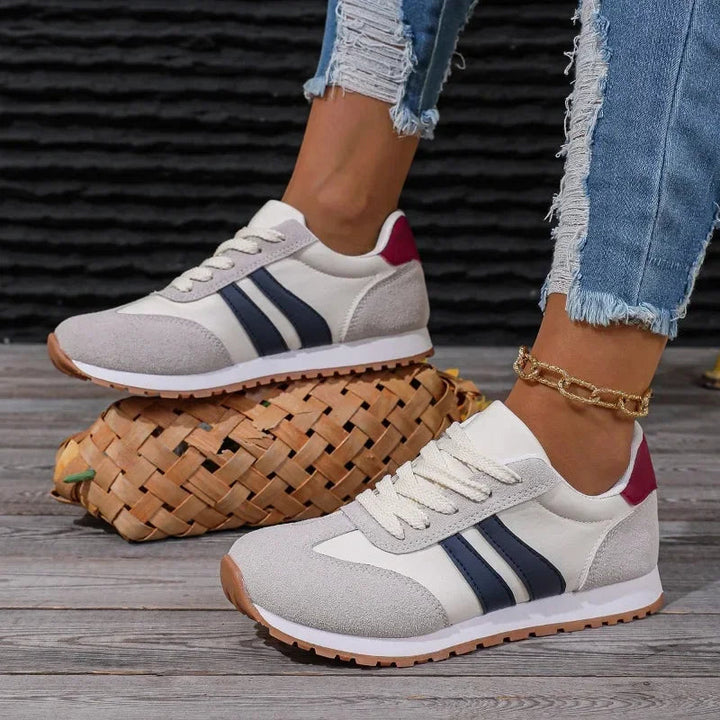 Women's retro colorblock lace-up sneakers with stripe detail. Stylish & comfortable casual everyday shoes.