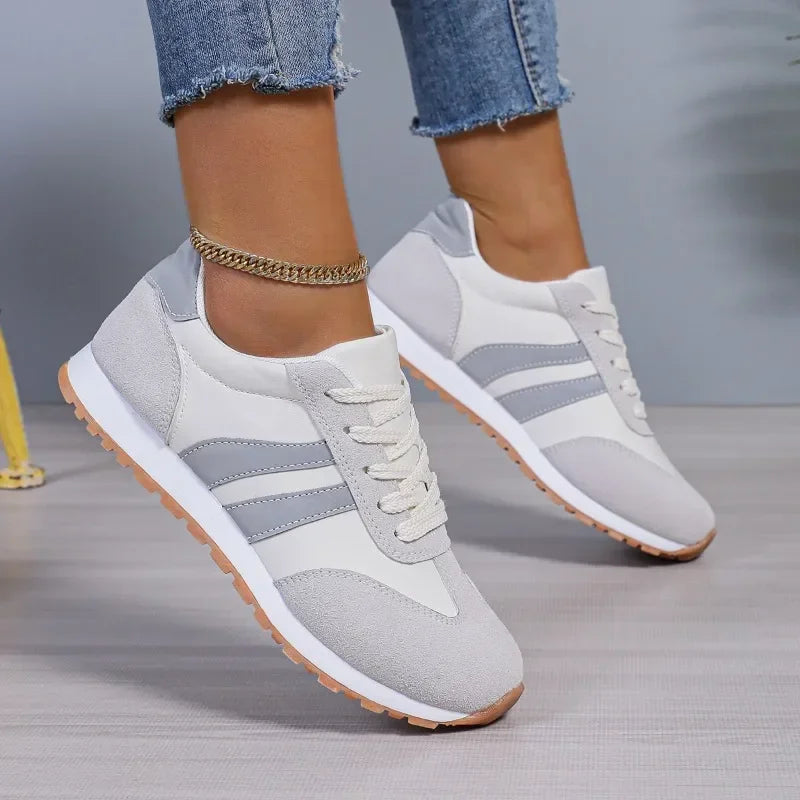 Comfortable women's casual sneakers with retro stripes & colorblock design. Perfect lace-up footwear for everyday wear.