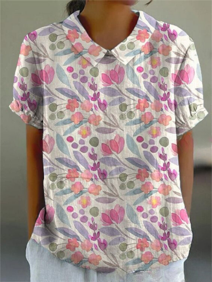 Lightweight women's retro floral embroidered top, short sleeve, comfortable summer wear.
