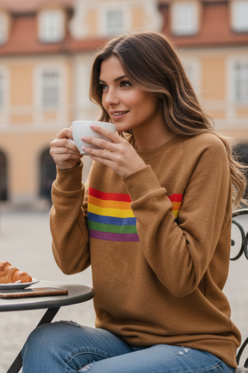 Vibrant rainbow striped long-sleeve women's sweatshirt, vintage style pullover.