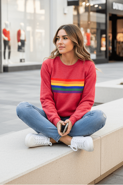 Cozy comfort women's rainbow striped sweatshirt, perfect for loungewear.