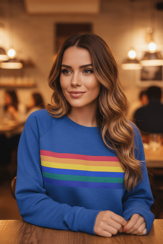 Women's vintage rainbow striped pullover sweatshirt, ideal for everyday casual style.