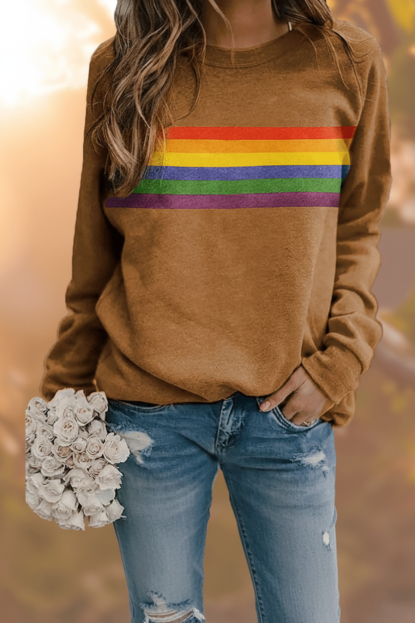 Women's comfy retro rainbow striped sweatshirt, stylish long sleeve pullover.