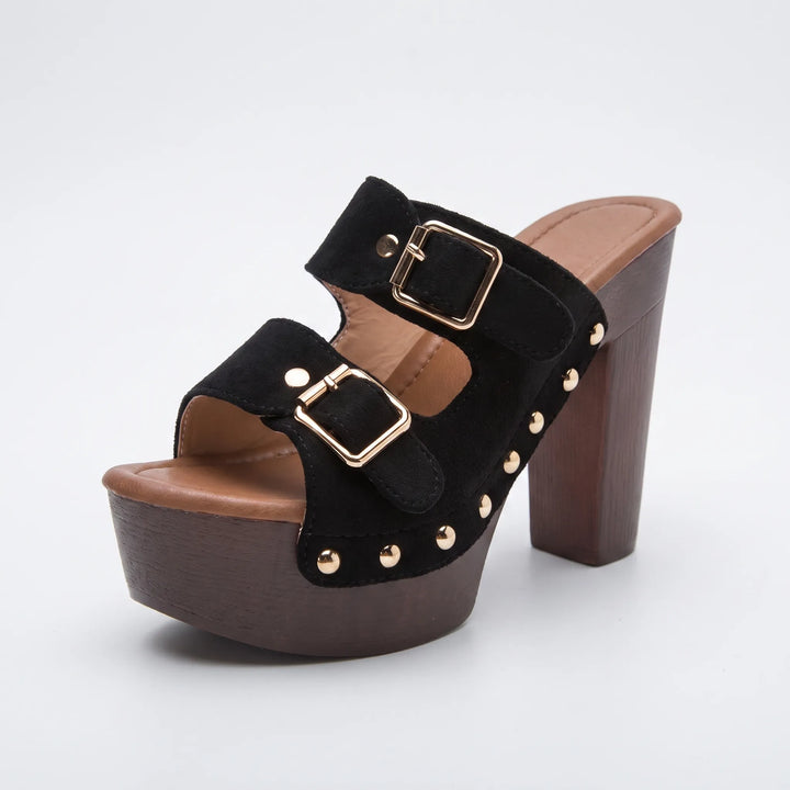 Black women's chunky platform sandals featuring adjustable straps, open toe, and sturdy block heel for comfort.