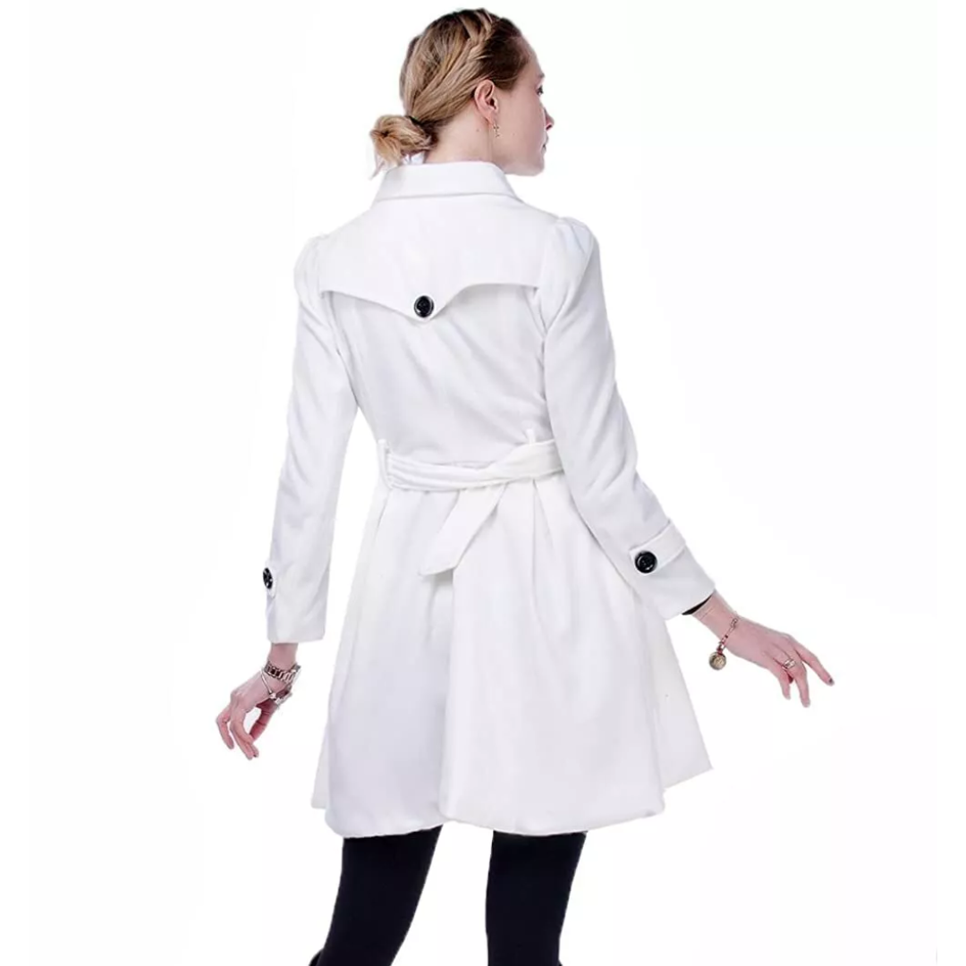 Versatile Ladies Reversible Peacoat with belt, long sleeve for cool weather.