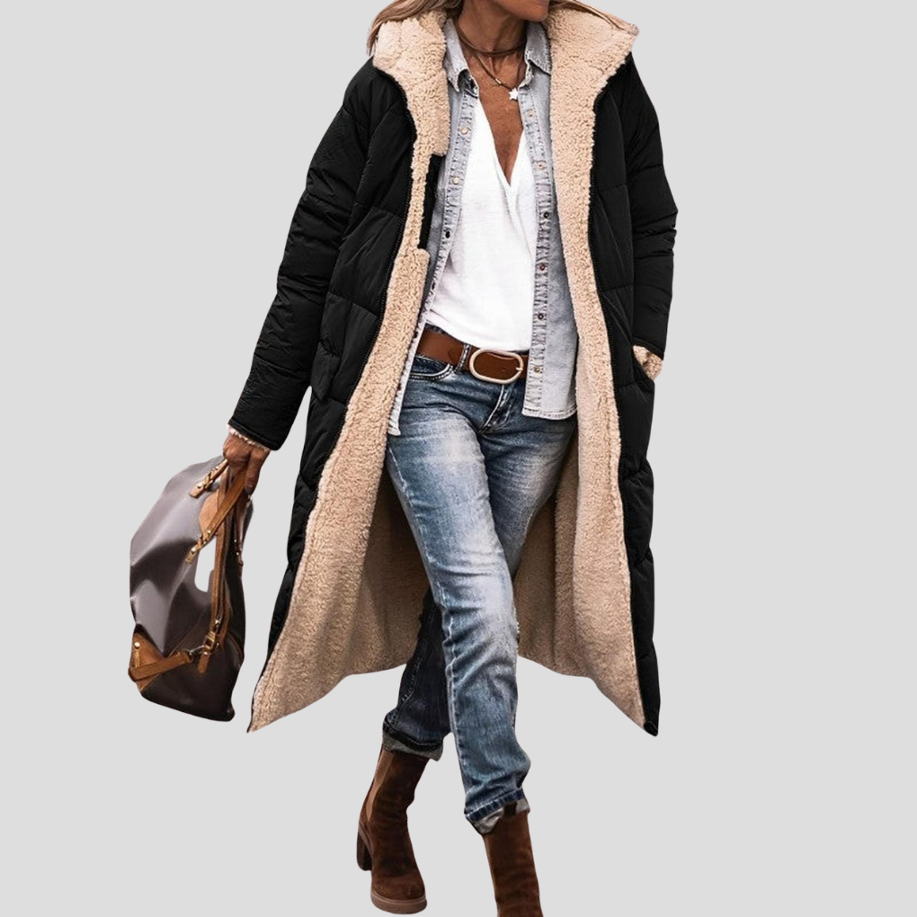 Women's reversible hooded winter coat, cozy and warm for cold weather, showing two stylish sides.